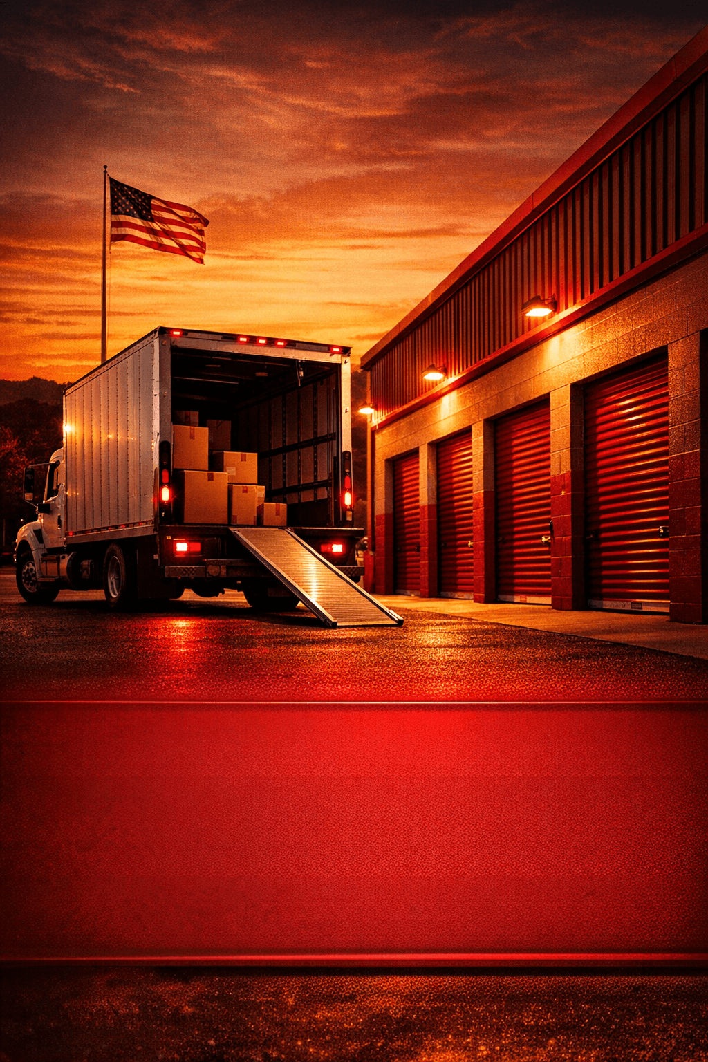 PCS season social media post for The Storage Box Inc. — storage facility with moving truck and American flag at golden hour